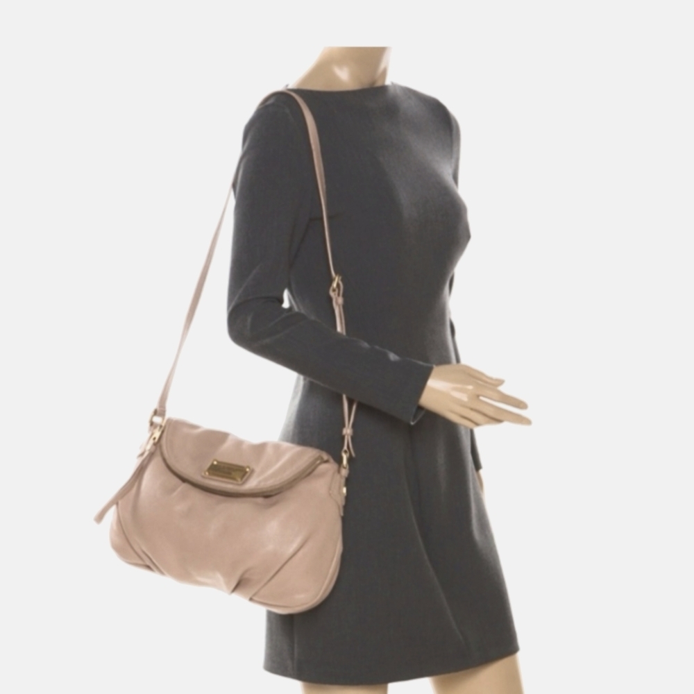 Leather Shoulder Bag in Blush Pink - Designer Plaque Detail
